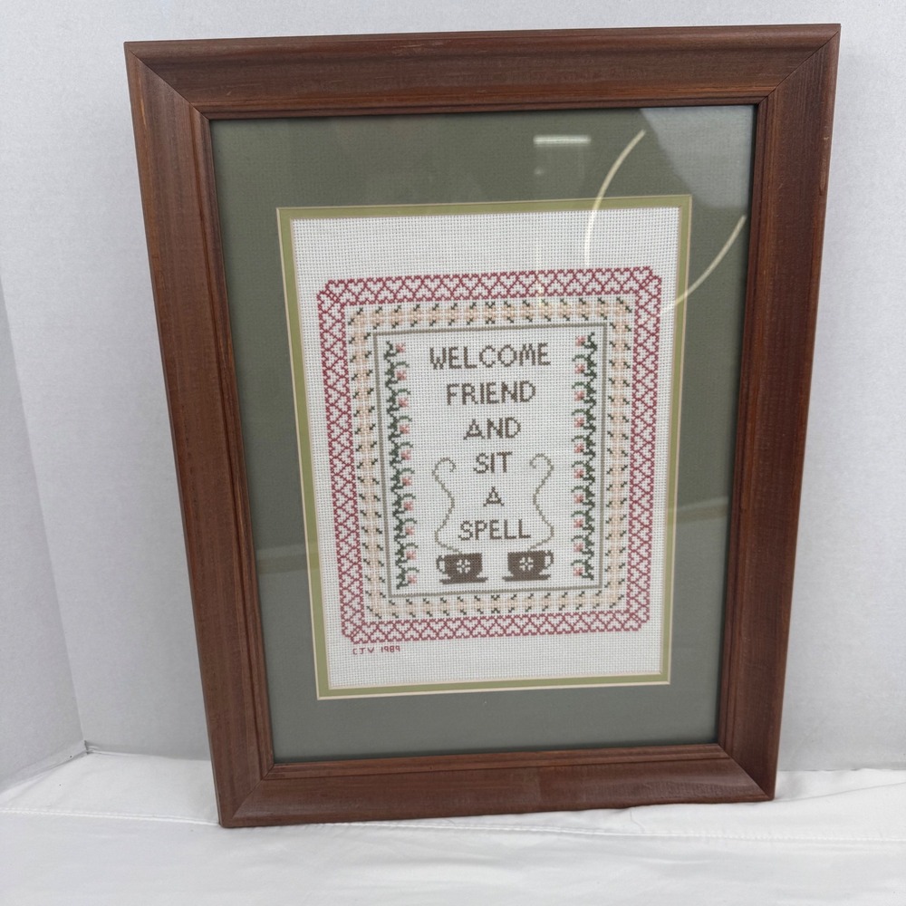 Vintage 1989 Handmade Cross Stitch Framed Art Welcome Friend Sit A Spell 11x14